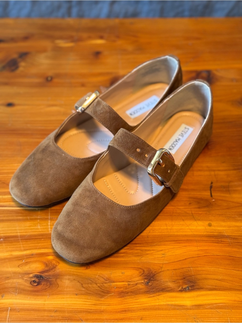Steve Madden Zarah Brown Suede Mary Jane Flats with Gold Buckle - Picture 2 of 5